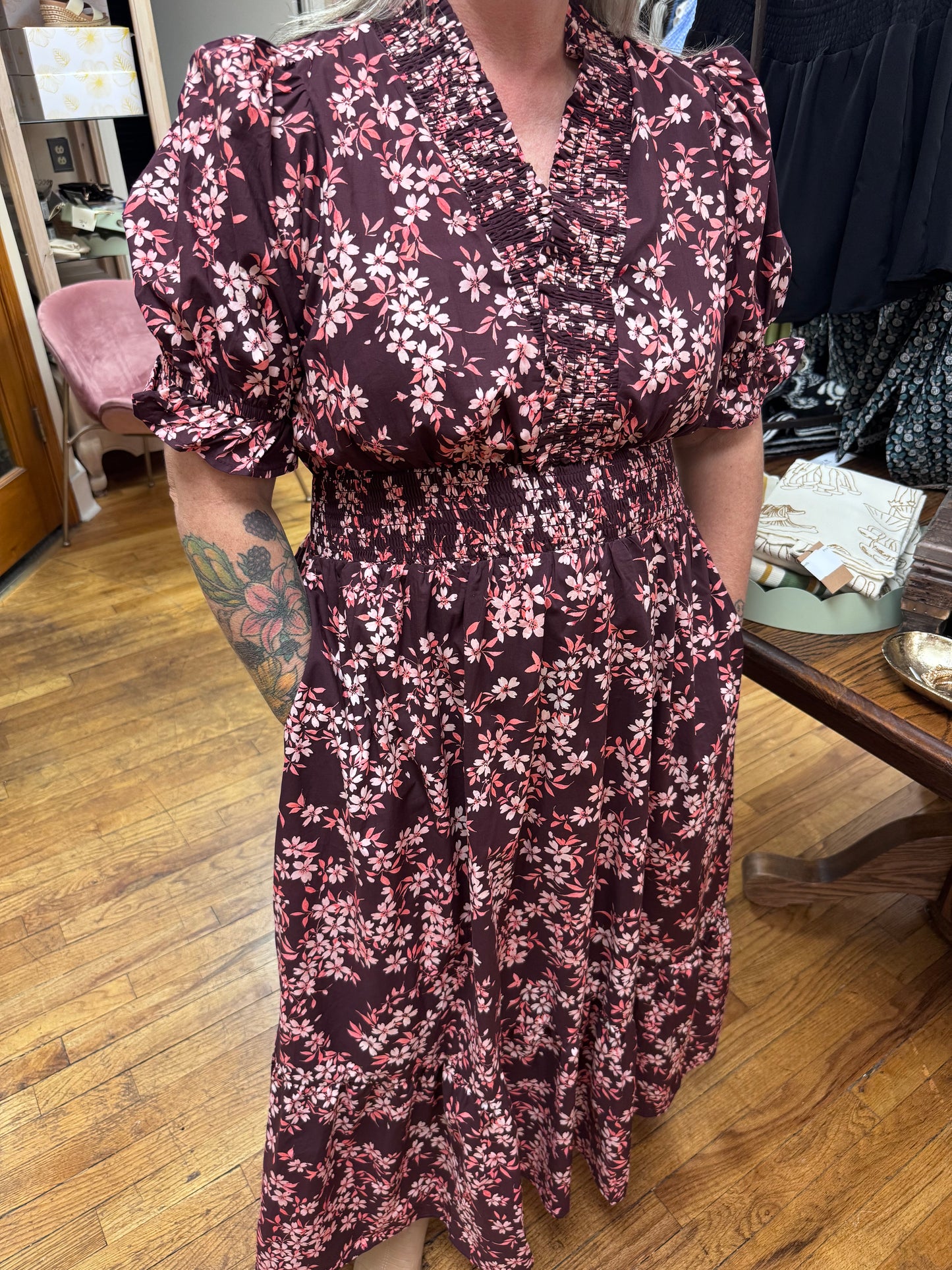 Wine Floral Cotton Dress