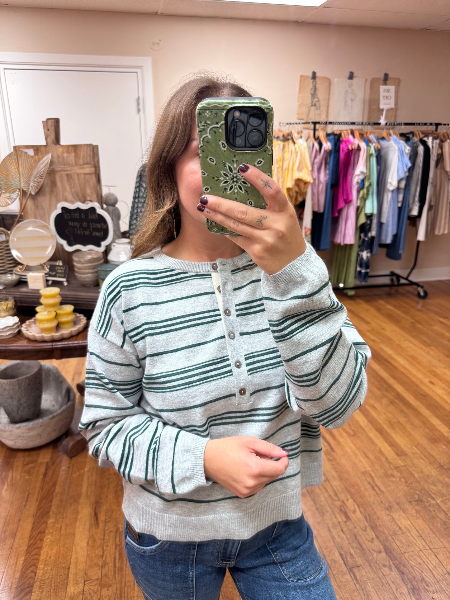 Green Striped Henley Sweater