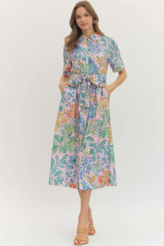Pink Palm Midi Dress
