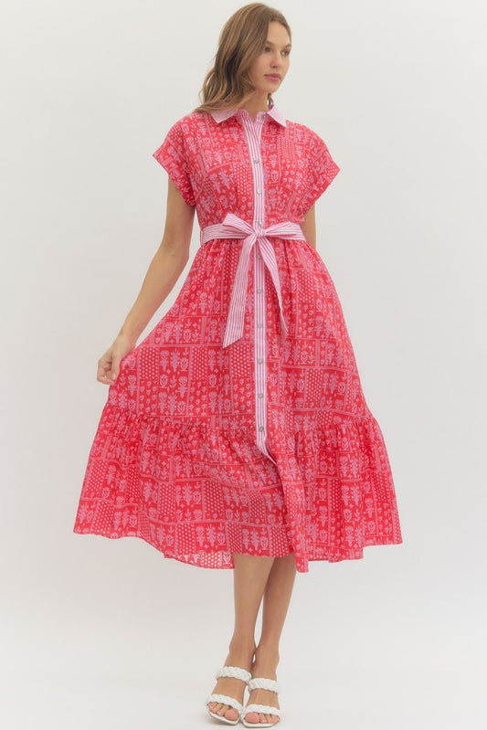Red & Pink Contrast Midi Dress