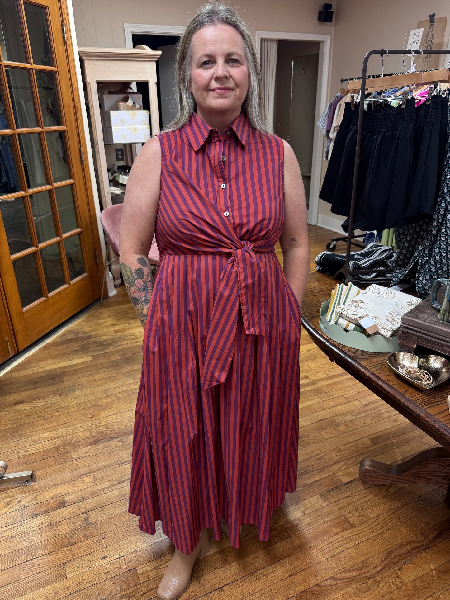 Plum Striped Midi Dress