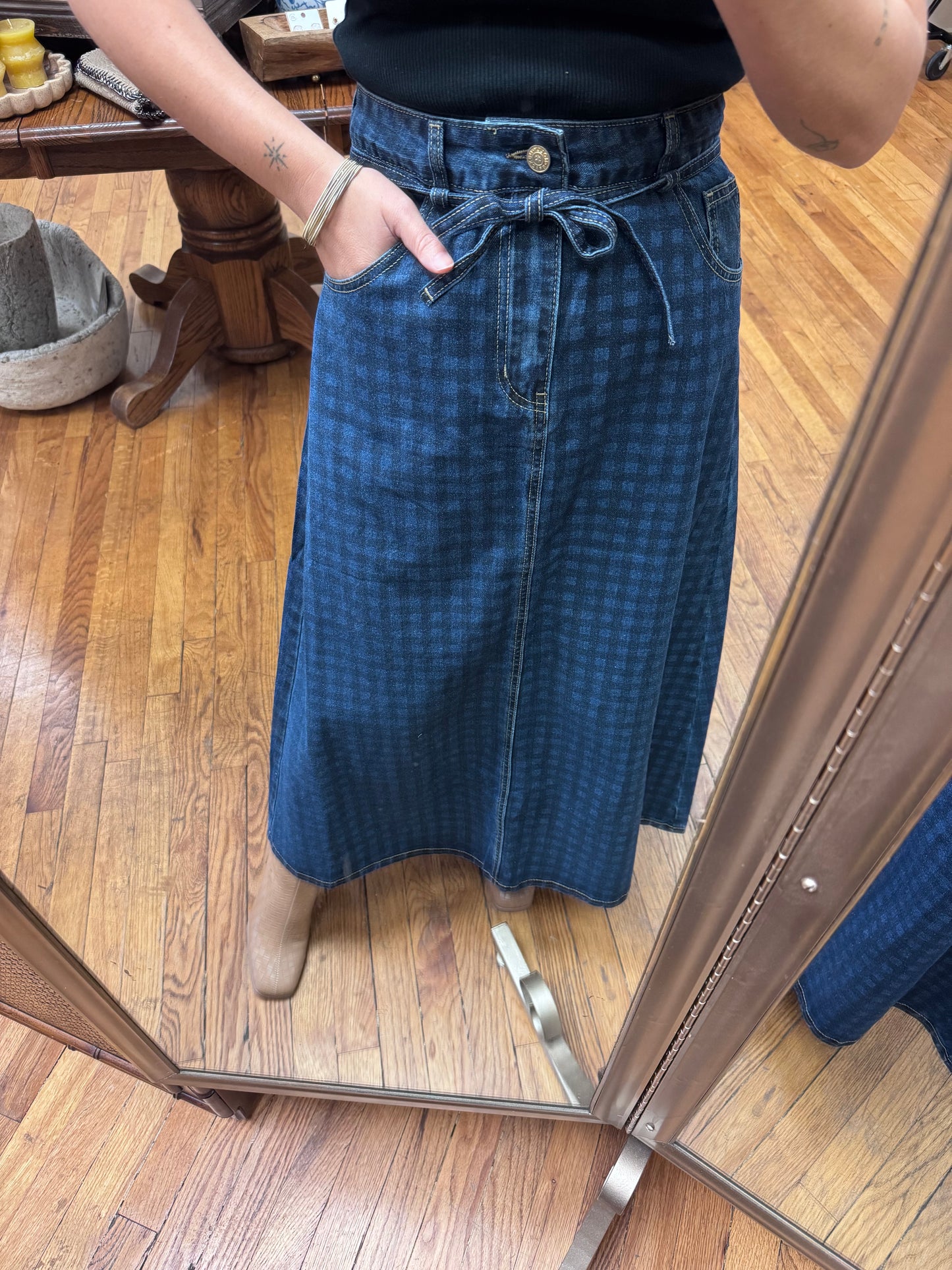 Denim Check Midi Skirt