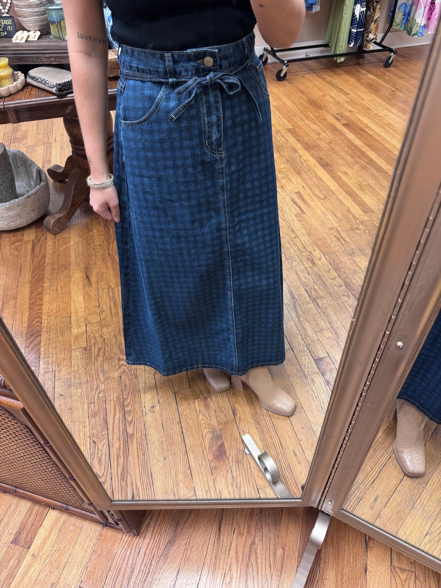 Denim Check Midi Skirt