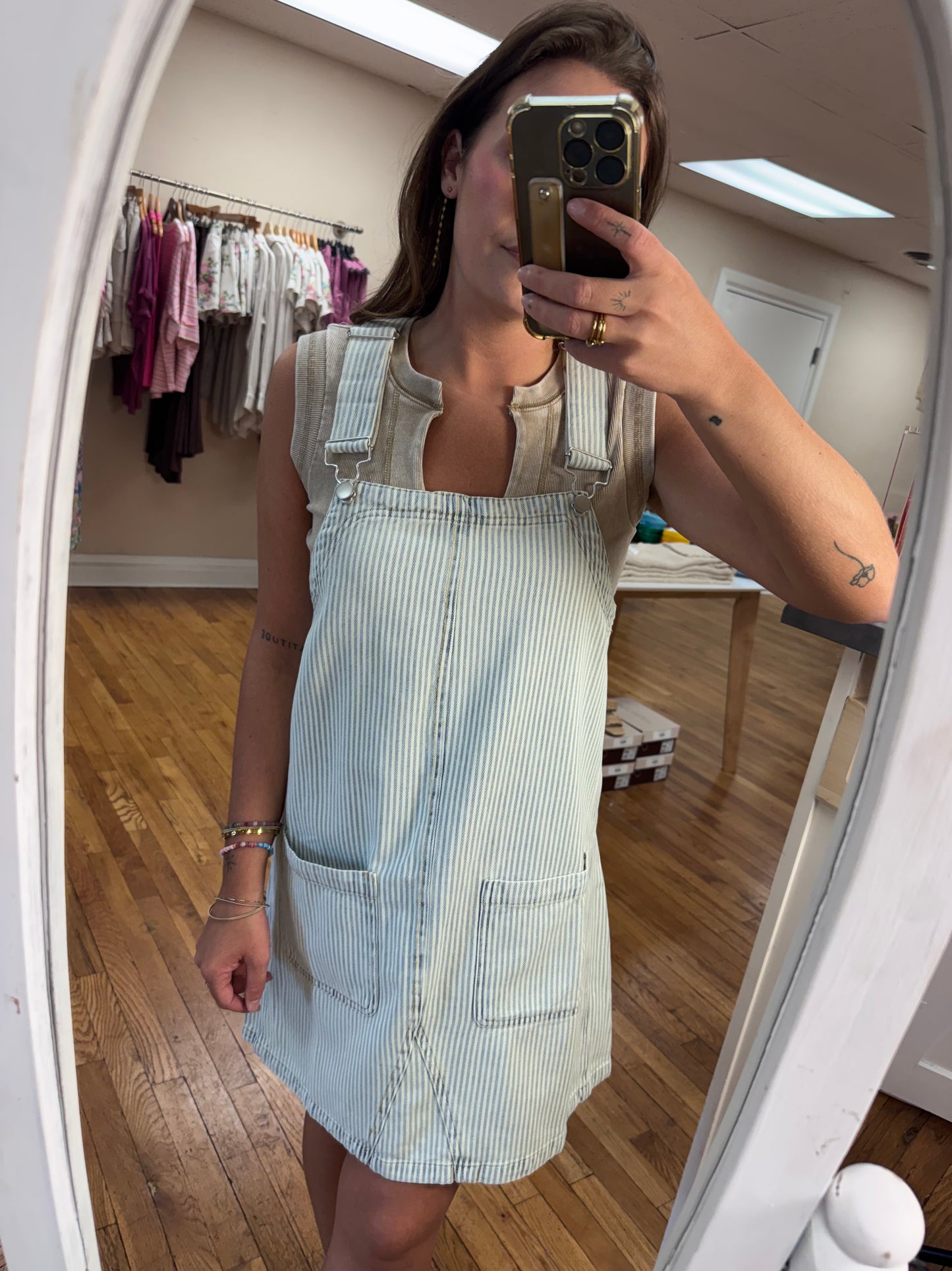 Striped Denim Overall Dress