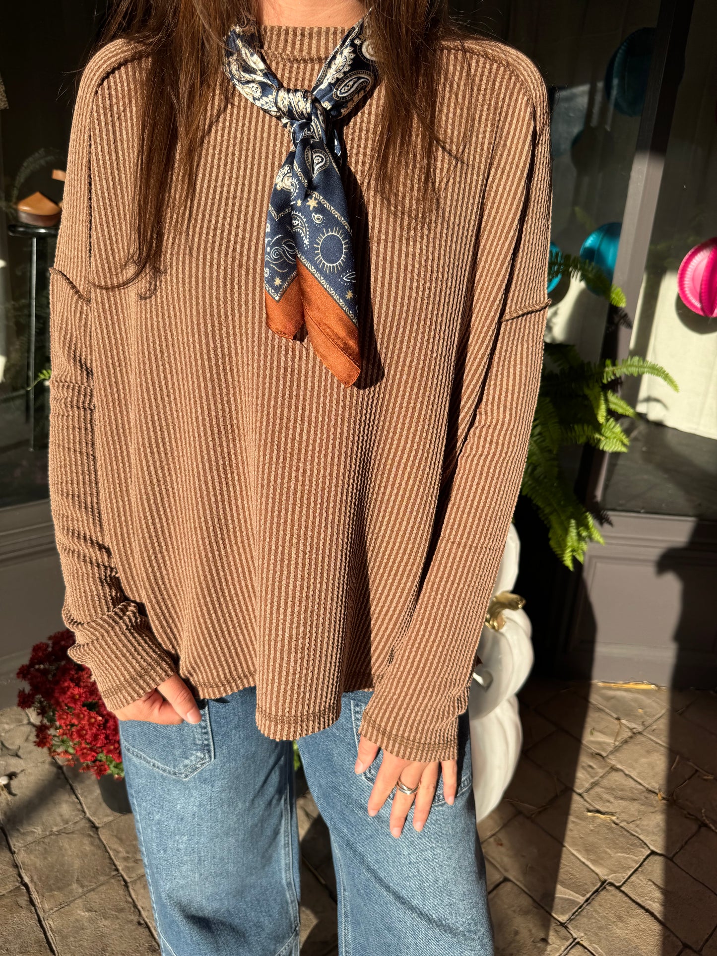 Brown Ribbed Long Sleeve Top