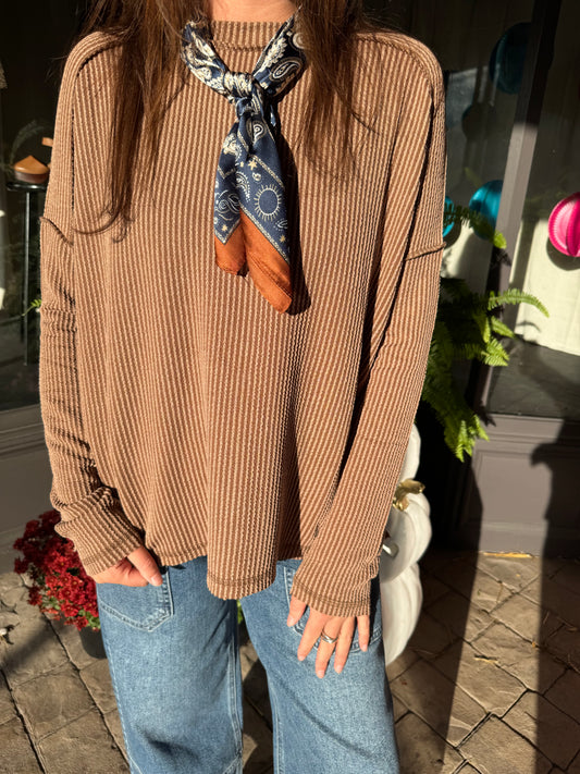 Brown Ribbed Long Sleeve Top