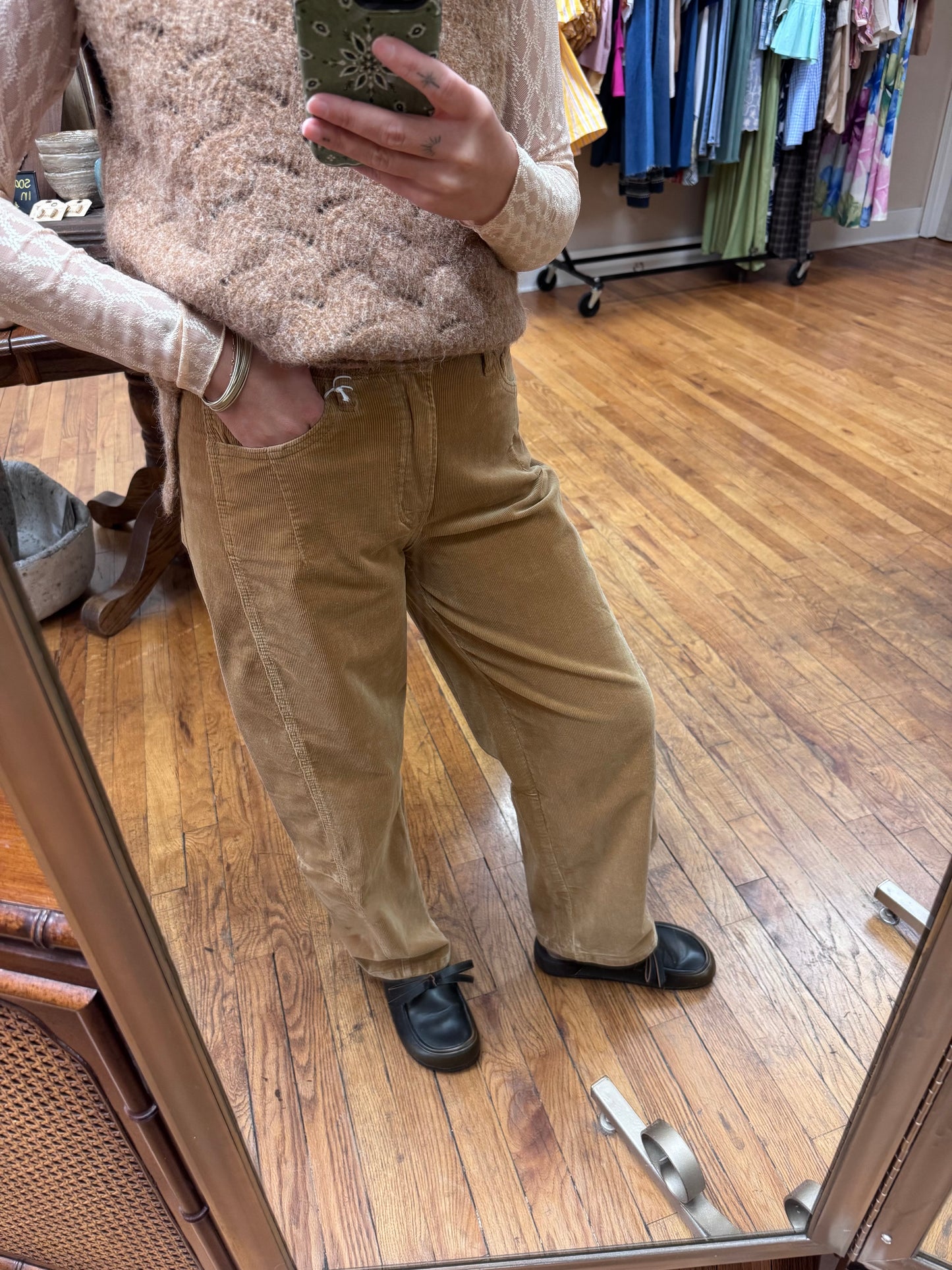 Camel Corduroy Barrel Pants