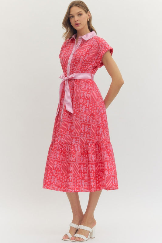Red & Pink Contrast Midi Dress