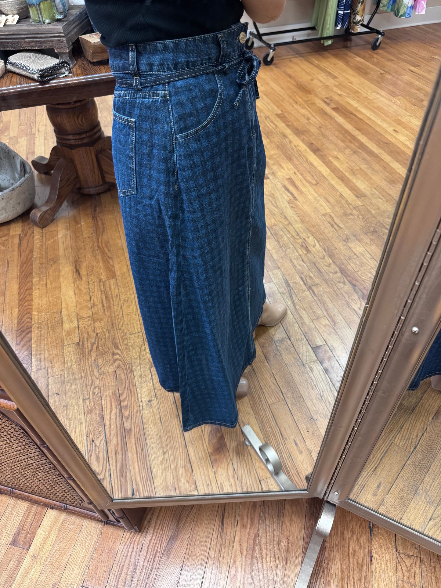 Denim Check Midi Skirt