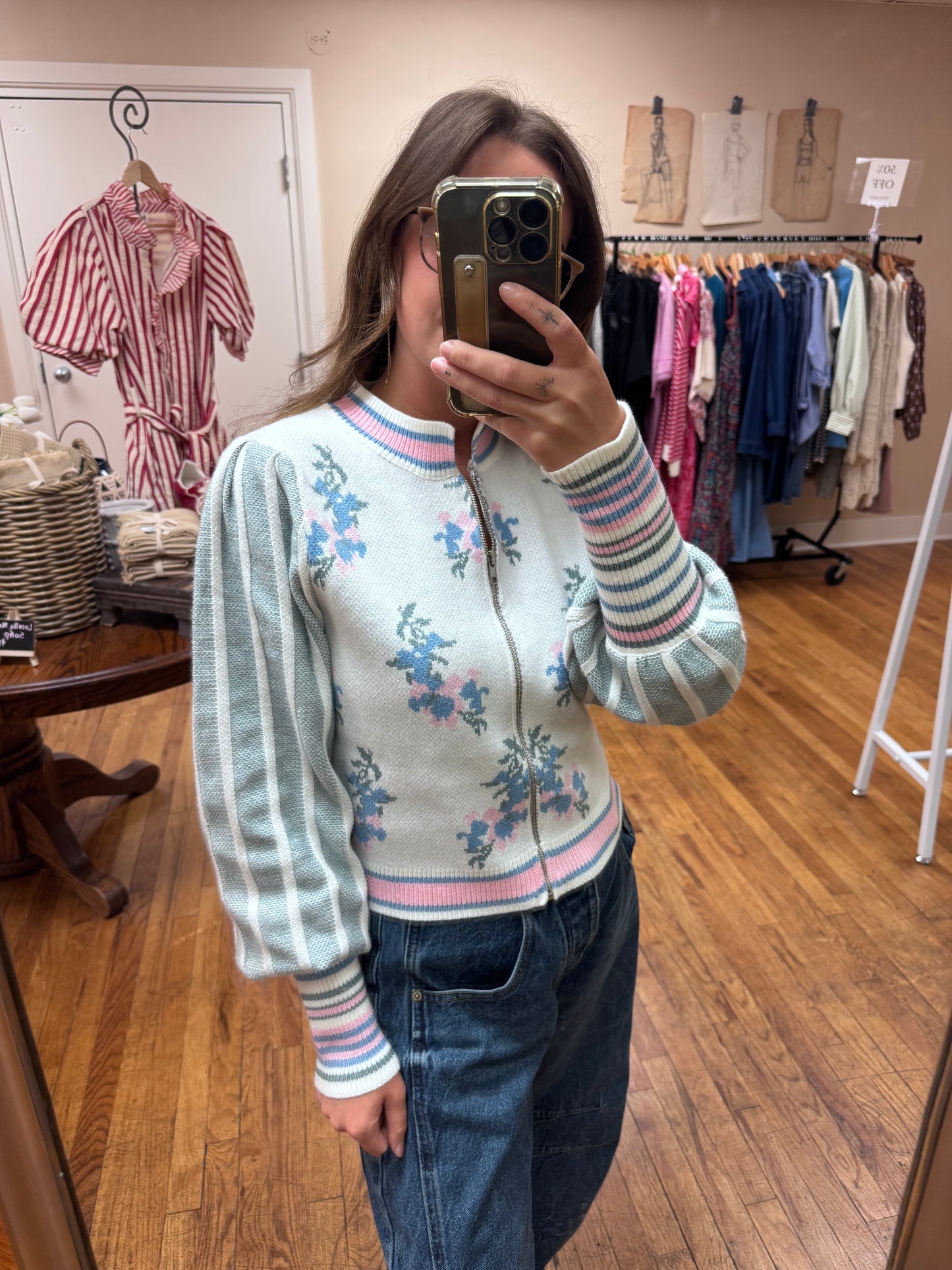 Floral Sweater Bomber Jacket