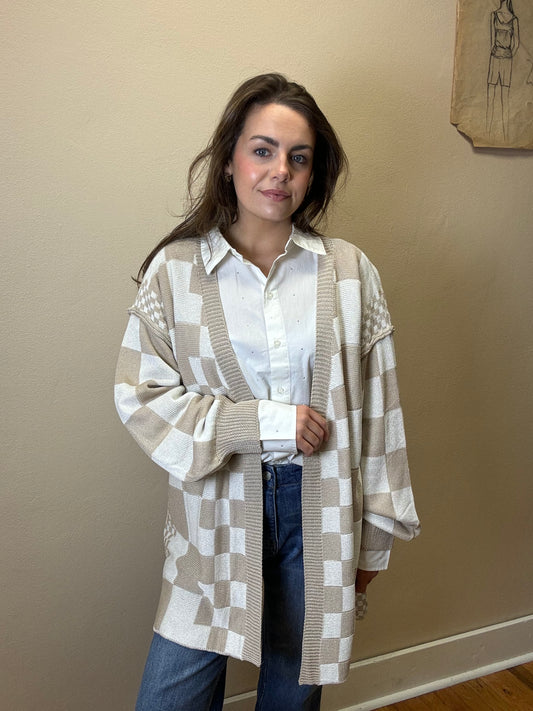 Taupe Checkerboard Cardigan